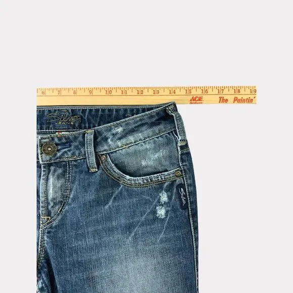 Silver Jeans Womens  28x32 Blue Aiko Flare Distressed‎ Whiskered Stretch Denim - Picture 8 of 16